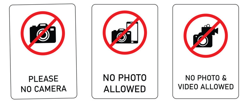 &ldquo;No Photography & Mobile Device Warning Signs Set &ndash; Prohibition Icons for Cameras, Phones, and Video Recording in Red Circle Slash Vector&rdquo;