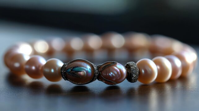 Elegant peach freshwater pearl bracelet featuring ornate floral silver accents and crystal bead