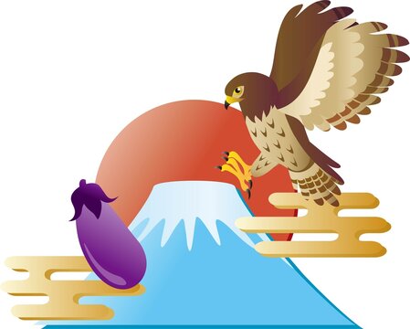 お正月素材　富士山、鷹、茄子の和風イラスト 