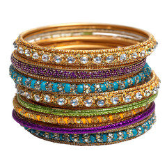 Stack of colorful bangles, adorned with crystals and beads