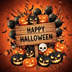 Spooky Halloween Pumpkins and Balloons Design - Holiday Celebration Background - Digital Greeting Card and Invitation Graphic