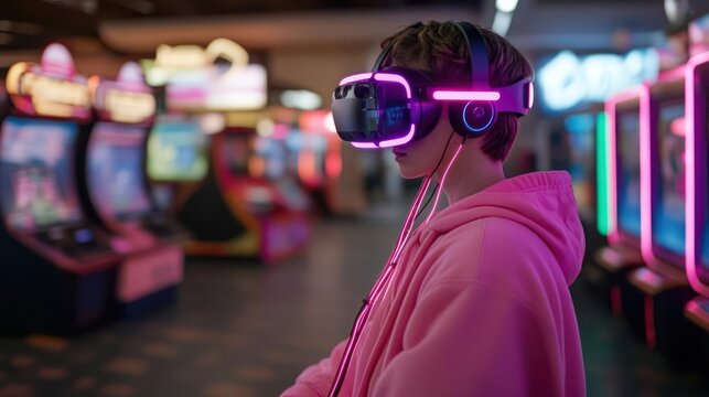 Immersive reality experience: Young person exploring virtual worlds in an arcade setting
