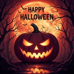 Giant Jack-o'-Lantern in Spooky Forest - Happy Halloween Full Moon Background - Digital Poster and Banner