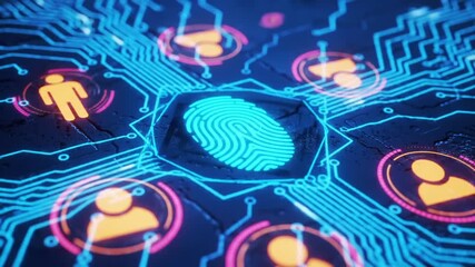 Blue Fingerprint Scan on Circuit Board with User Icon in Dim Lighting - Powered by Adobe