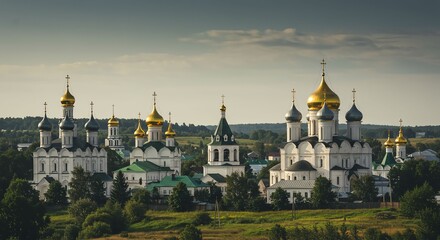 Scenic Russian Orthodox Church Complex with Golden Domes in Rural Landscape