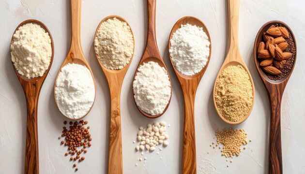 A variety of gluten-free flours and grains arranged on wooden spoons, showcasing diverse textures and natural ingredients.