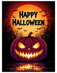 Purple Jack-o'-Lantern in Haunted Forest - Happy Halloween Red Moon Vertical Poster - Dramatic Night Illustration