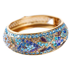 Gold bangle bracelet adorned with  blue, purple, and clear crystals