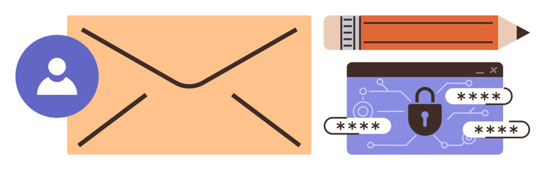 Envelope with profile icon, pencil, and secure login screen with password and lock. Ideal for communication, cybersecurity, privacy, secure access, identity, authentication simple flat metaphor