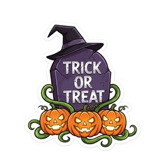 Cartoon Sticker Design of Tombstone and Jack-o'-Lanterns - Trick or Treat Halloween Graphic - Die-Cut Decal Illustration