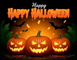 Three Glowing Jack-o'-Lanterns and Bats Background - Happy Halloween Dark Party Flyer - Spooky Digital Art
