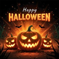 Three Glowing Jack-o'-Lanterns in Dark Night - Happy Halloween Dramatic Background - Spooky Party Invitation