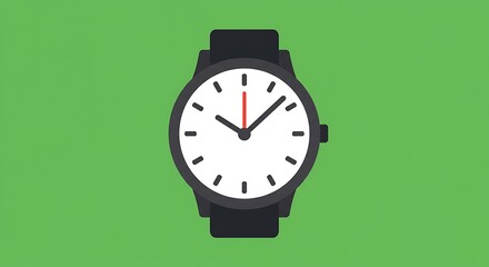 Minimalist timepiece design with a classic black watch on a green background graphic