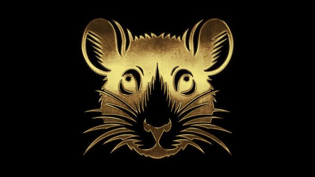 Mouse face with slightly reflected outlines on a gold foil-like surface, loop, alpha channel

