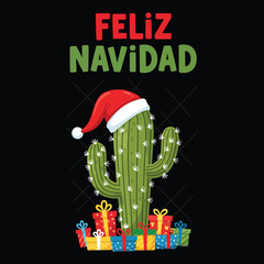 Feliz Navidad lettering spanish typography Merry Christmas cactus and Santa Red hat Vector illustration for holidays festive design.