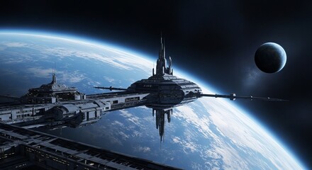 A futuristic space station orbiting a blue planet with another planet visible in the background