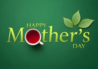 Happy Mother’s Day Greeting Card with Green Background, Tea Cup and Leaves