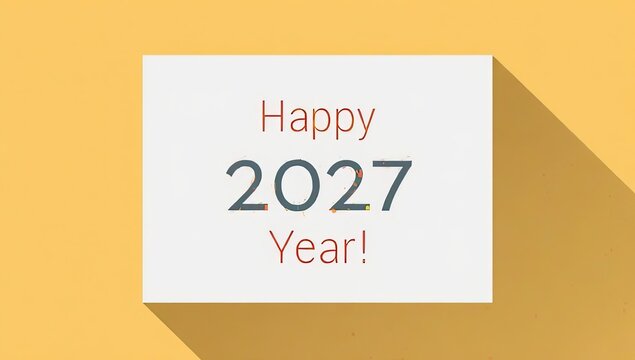 “Happy 2027 Year!” in bold black and red text on a white card with long shadow, set against warm yellow background — clean, modern, and cheerful New Year design.