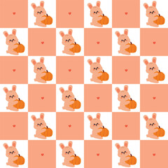 cute cartoon drawing bunny with pumpkin in pink patchwork background style