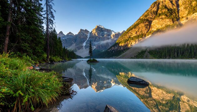 Calm alpine lake reflecting jagged mountain peaks under a clear sky. Trees and greenery frame the water's edge. Mist floats - Powered by Adobe