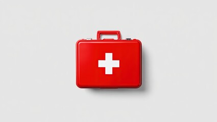 Obraz premium Red first aid kit with white cross symbol on a light gray background — simple, clean icon representing medical emergency or healthcare.