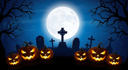Fototapeta premium Spooky halloween graveyard scene with carved pumpkins and a full moon at night