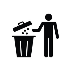 Waste bin icon. Simple solid style. Trash can, man throw garbage, dispose, person, clean, office, rubbish, litter, tidy concept. Silhouette, glyph symbol. Isolated design