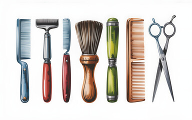 Hair Combs and Scissors Watercolor Illustration Barber Tools Salon Equipment Hairdressing Kit Isolated Design Barber Equipment Watercolor Art