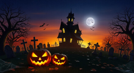 Haunted house on a hill at night with carved pumpkins and a full moon in a graveyard