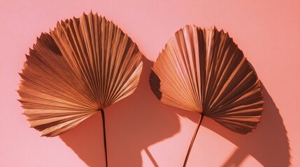 Two dried fan-shaped leaves with rich brown hue arranged symmetrically on a pink background, casting soft shadows,