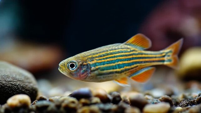 Zebra danio fish swimming in aquarium with vibrant colors
