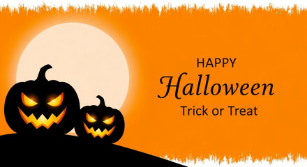 Happy halloween greeting with carved pumpkins and full moon on orange background