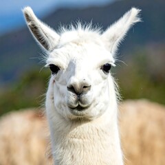 Fototapeta premium Close-up of a white llama's face, slightly smiling, outdoors