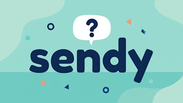 &ldquo;Sendy&rdquo; logo with bold dark blue text on soft teal background, featuring a speech bubble with a question mark &mdash; playful, modern design suggesting communication or inquiry.