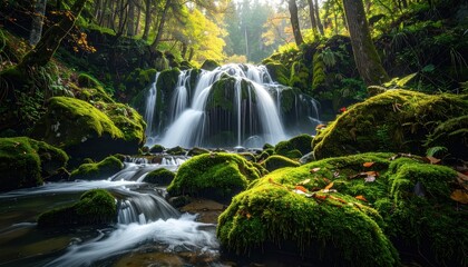 Picturesque waterfall cascades over moss-covered rocks in a lush forest setting, featuring flowing water and vibrant green foliage.