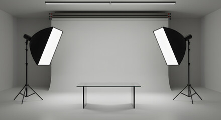 Photo studio setup with backdrop, table, and lighting equipment.