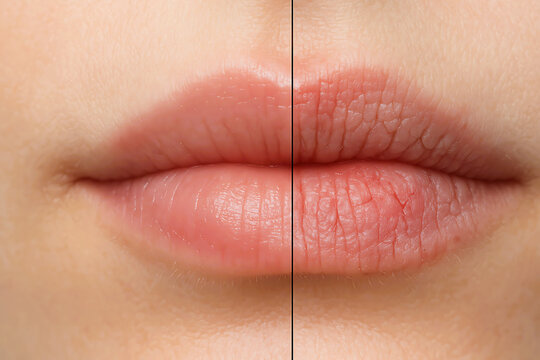 Close-up of human lips showing contrast between smooth, hydrated skin and dry, chapped texture, highlighting lip care and hydration effects.