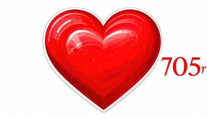 A glossy, red heart graphic with highlights and a number "705r" on a white background