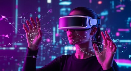 Woman wearing a vr headset interacting with virtual reality elements in a futuristic environment