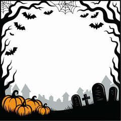 Graveyard Border with Pumpkins & Bats — Web Corners, Empty Center (Vector)