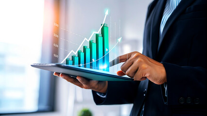 Professional executive analyzing upward trending financial growth charts on a digital tablet, showcasing business success and data insights.