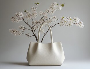 Cream bag with cherry blossom branch