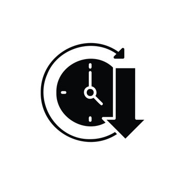Less time in office work icon. Simple solid style. Time reduce, less, countdown clock watch timer shows decrease in turn around time concept. Silhouette, glyph symbol. Isolated design