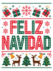 Feliz Navidad lettering spanish typography Merry Christmas Vector illustration for holidays festive design.