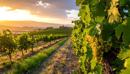 Picturesque vineyard at sunset, rows of grapevines basking in golden light, creating a tranquil scene