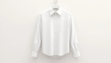 Crisp white shirt hangs elegantly, minimalist, studio lighting