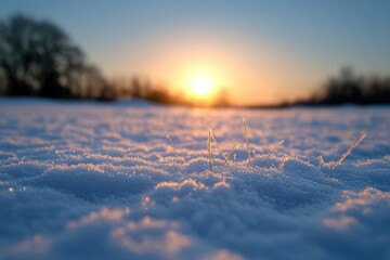Winter glow Frosty grass in snow field at sunset