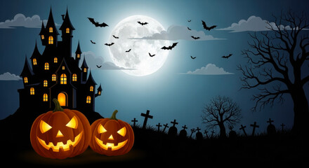 Haunted castle and jackolanterns on halloween night with bats flying under a full moon