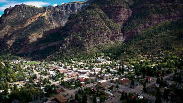 Aerial View of Ouray, Colorado Mountain Town Surrounded by Peaks