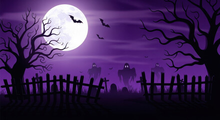 Purple halloween night scene with a large full moon, silhouetted trees, ghosts, and a graveyard